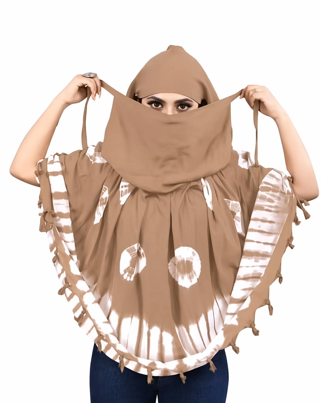 Women's Brown Printed Poncho Scarf with Face Cover, Stylish Lightweight Multipurpose Wrap-image-49