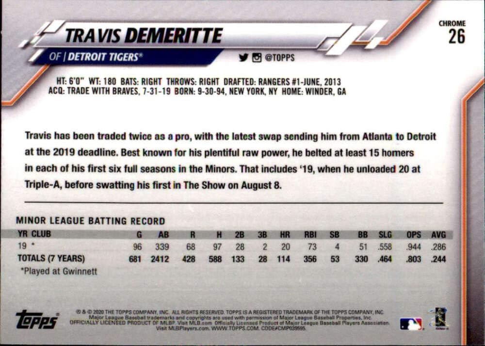 2020 Topps Chrome Refractors Prism #26 Travis Demeritte Detroit Tigers MLB Baseball Card (RC - Rookie Card) NM-MT