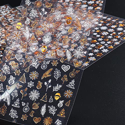 Christmas Nail Stickers, 3D Metal Gold Snowflake Nail Decals Metallic Gold White Snowflake Elk Snowman Santa Claus Tree Christmas Bell Xmas Winter Nail Art Design Diy Nail Decoration For Women Kids(8Sheets) #TOP5