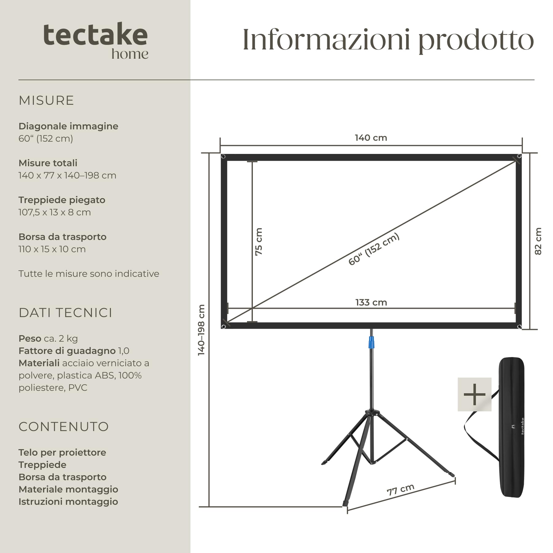 tectake® Telo Proiettore con Treppiede 16:9 4K HD, 133 x 75 cm, 60", Schermo Proiettore Regolabile, Borsa Trasporto, Schermo Portatile Cinema Home Theatre, telo per proiettore per casa ufficio scuola