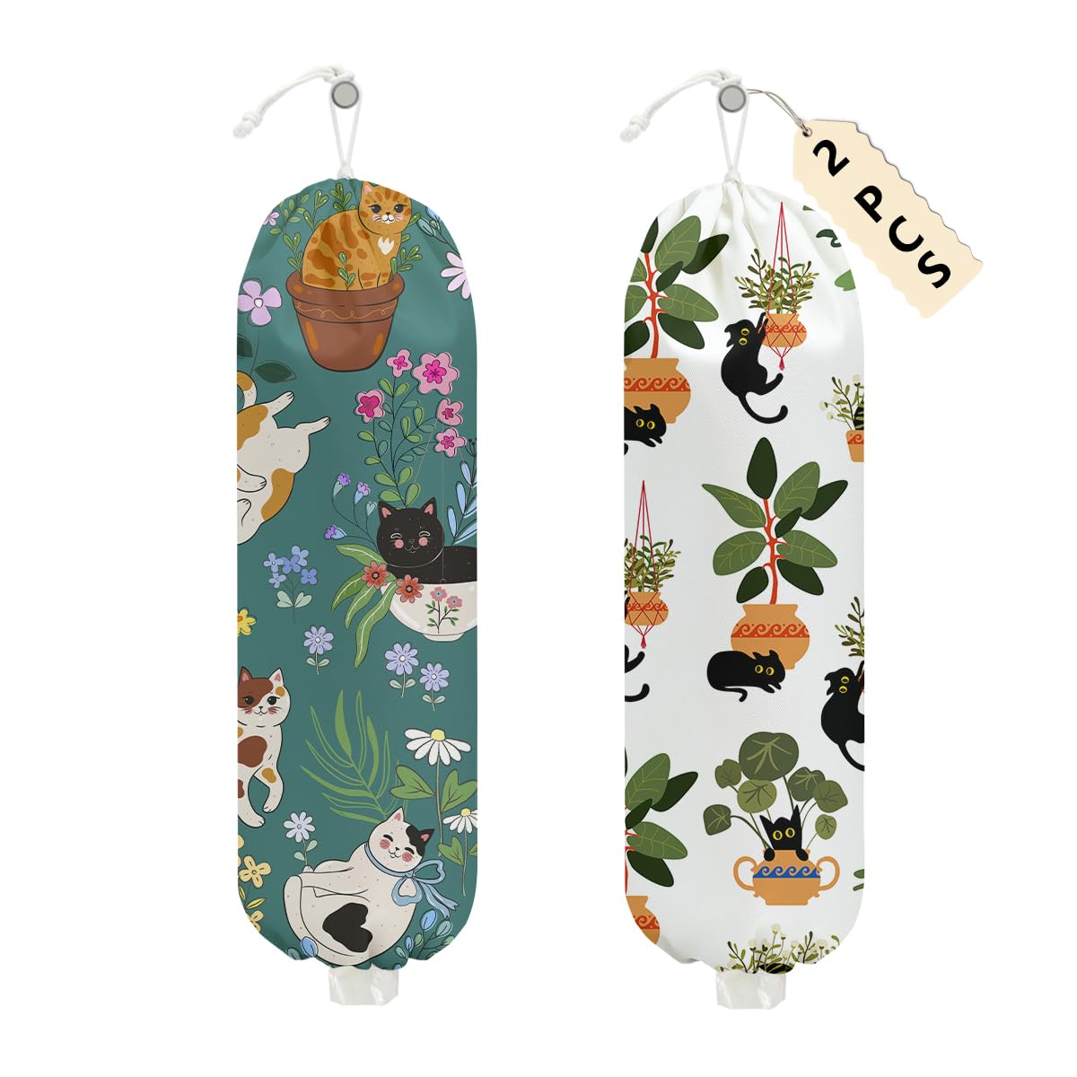 2 Pcs Cute Cat Plastic Bag Holder, Floral Plastic Storage bag Holders for Grocery Bags, Washable Large Grocery Bags Storage Dispenser for Home Kitchen