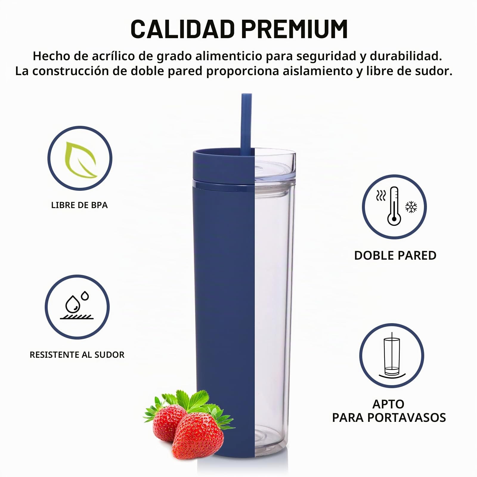 Volhoply 600ml Vasos de Plástico 10 Pack,Vaso de Doble Pared con Tapa y Pajita,Taza de Café Helado de Viaje Reutilizable,Tumbler de Agua de Acrílico Mate Sin BPA para Fiestas,Regalos (Marino,10 Set)