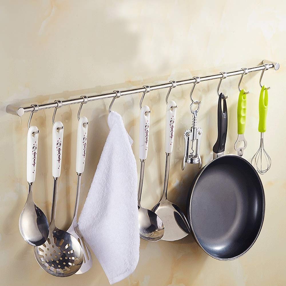 NACTECH Porta Utensili da Cucina Bagno in Acciaio Inox Barra Porta Mestoli, Padelle, Tazze, Ombrelli, con 7 Gancio Mobili Binario da Parete