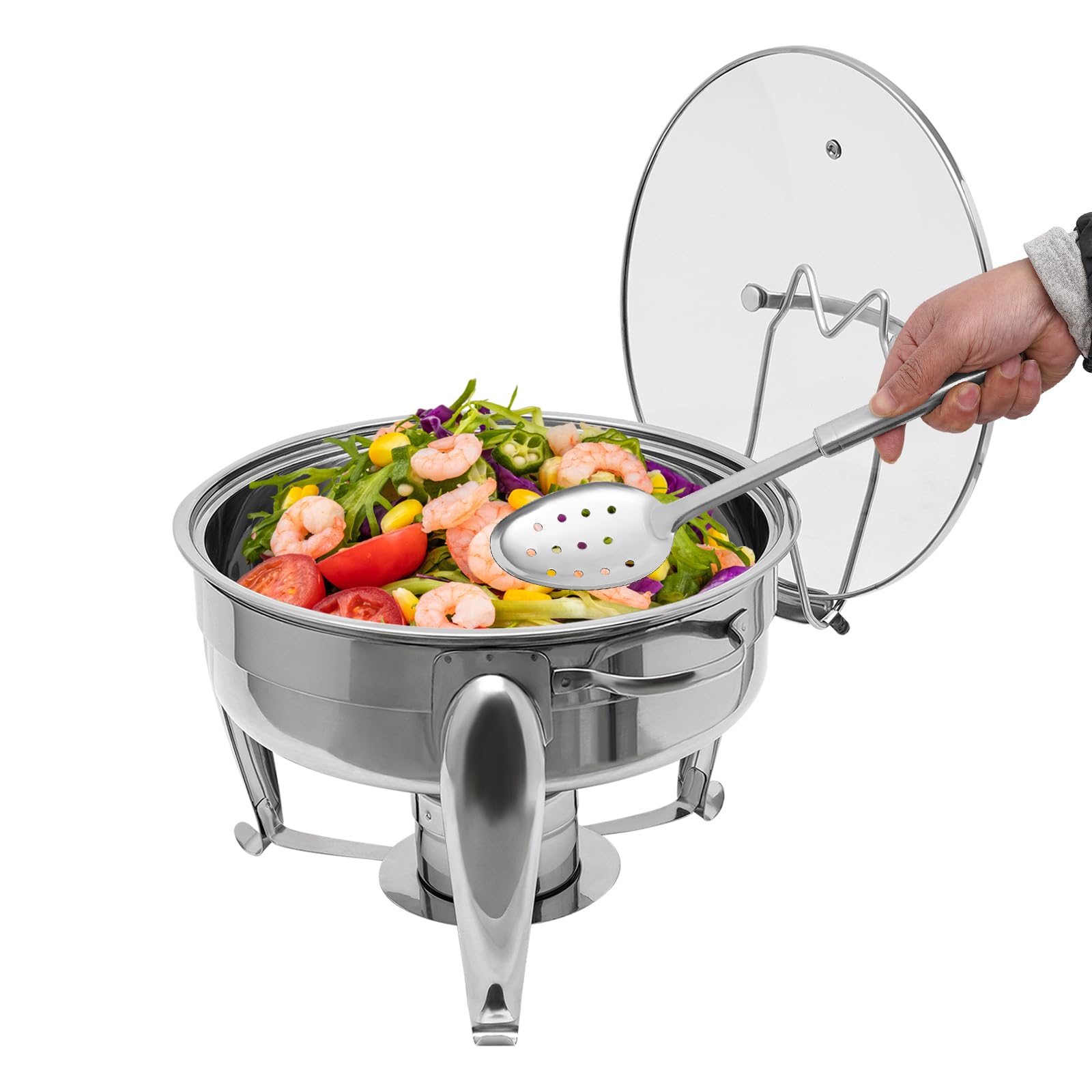 Chafing Dish - Set de buffet redondo de 6 litros, calentador de alimentos de acero inoxidable, estructura de acero inoxidable y tapa de cristal, calentador de sopa para catering, buffet y