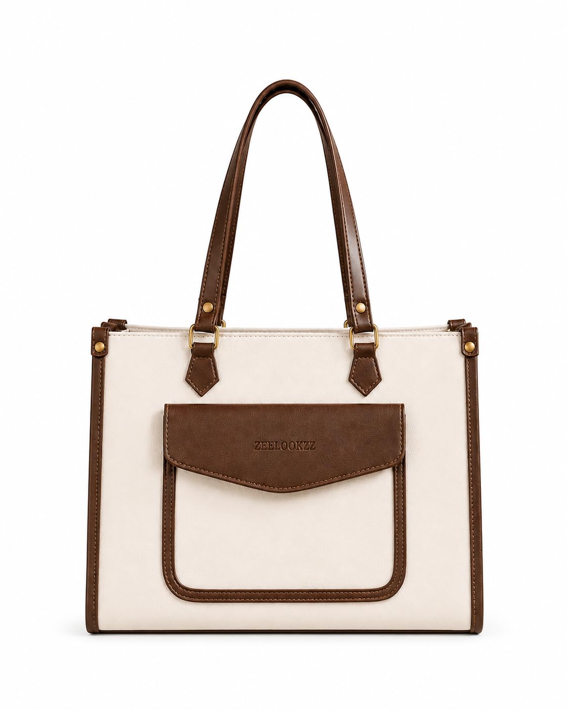 Zeelookz Faux Leather Trim Structured Tote Bag for Women, 29x10x28 cm, Beige, Zip Closure (Black)-picture-25