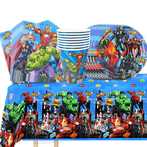 Decoration Anniversaire de Super Héros, Fournitures de fête d'anniversaire pour Enfant, Set de Vaisselle de fête de Avengers Nappe Assiettes Tasse, pour canniversaires d'enfants Les fêtes Cover