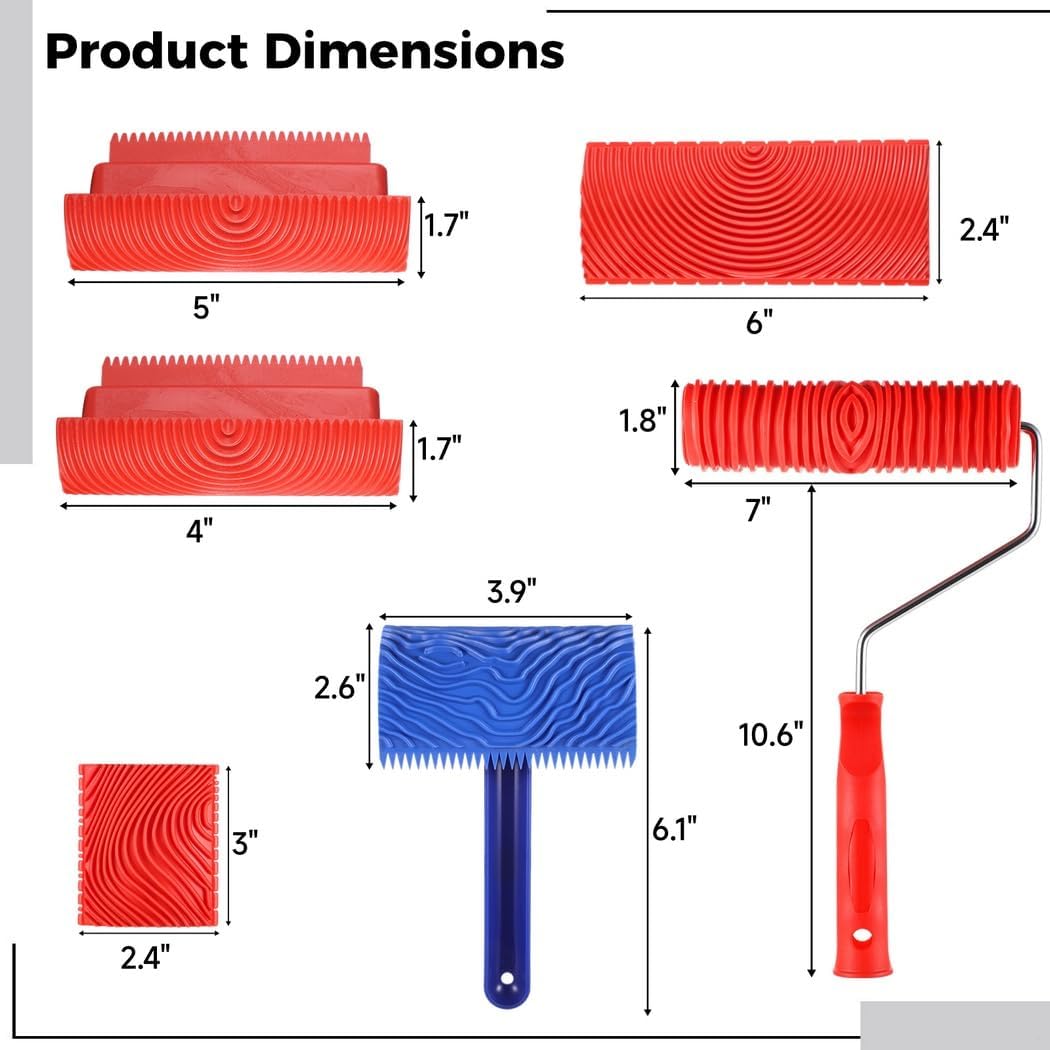 Faux Wood Grain Painting Kit, 6 Pcs Rubber Pattern Rollers and Hand Brushes for Wall, Furniture, and DIY Design