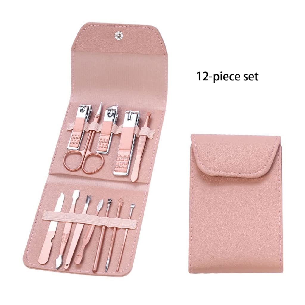 Juego de manicura, juego de uñas, kit de cortaúñas, pedicura profesional, kit de manicura de acero inoxidable, herramientas de belleza, kit de belleza con estuche portátil de cuero PU (oro rosa)