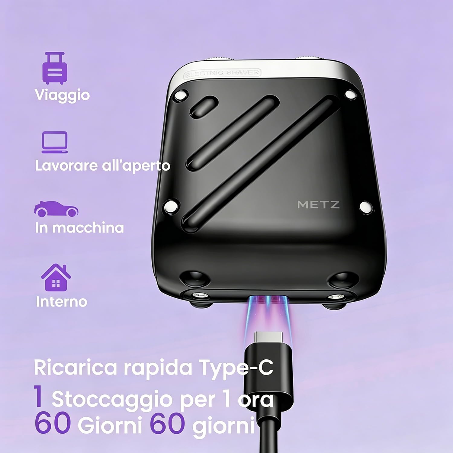 Skyworth Metz Traveller Rasoio Elettrico Uomo, Rasatura Secco Umido IPX7 Motore 9000 RPM, Testina Magnetica Rimovibile, Lame Autoaffilanti 9×2, Autonomia 45 Giorni, Ricarica Rapida 1h USB-C, Nero