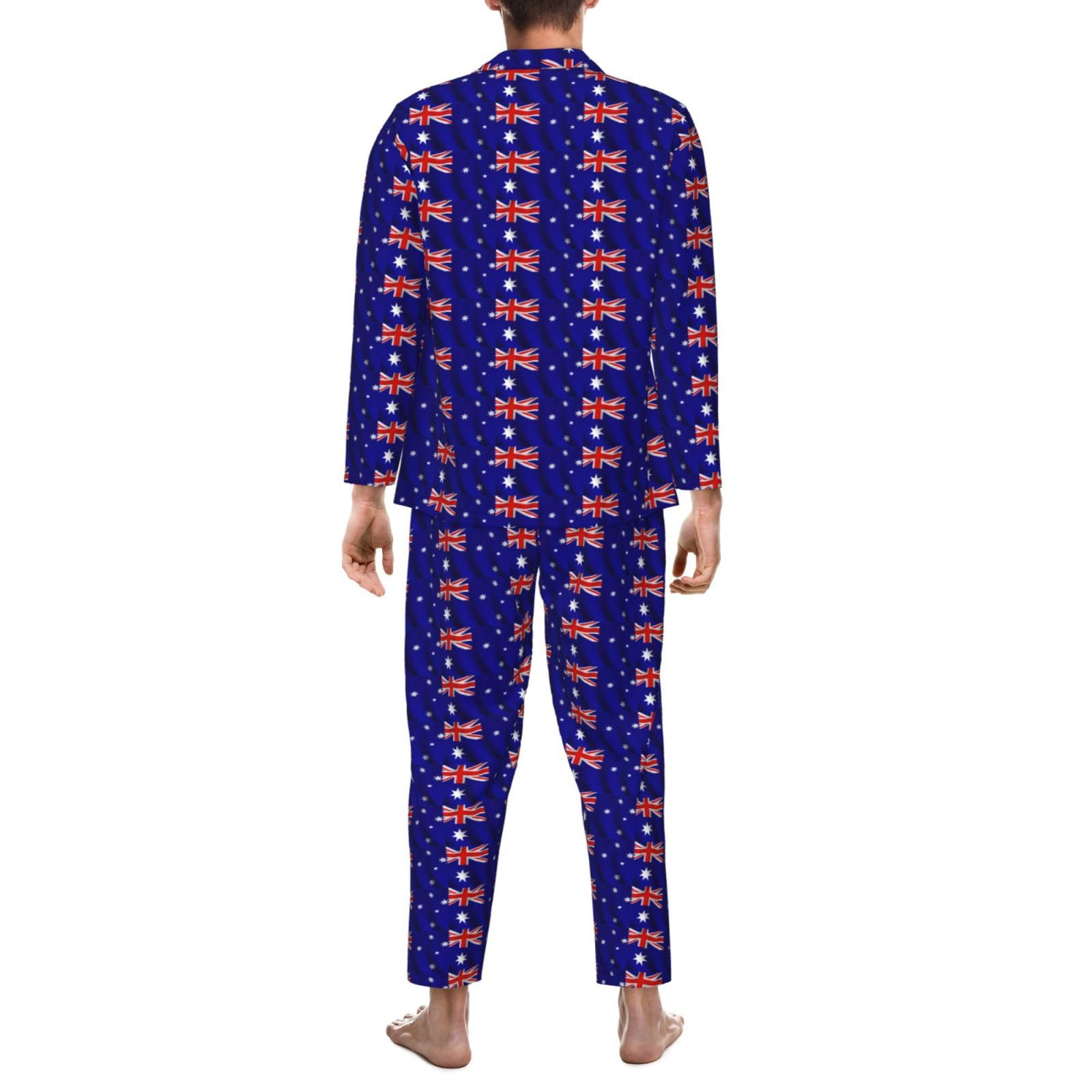 Herren-Pyjama-Set mit australischer Flagge, langärmelig, zweiteilig, Hauskleidung, bequeme Nachtwäsche