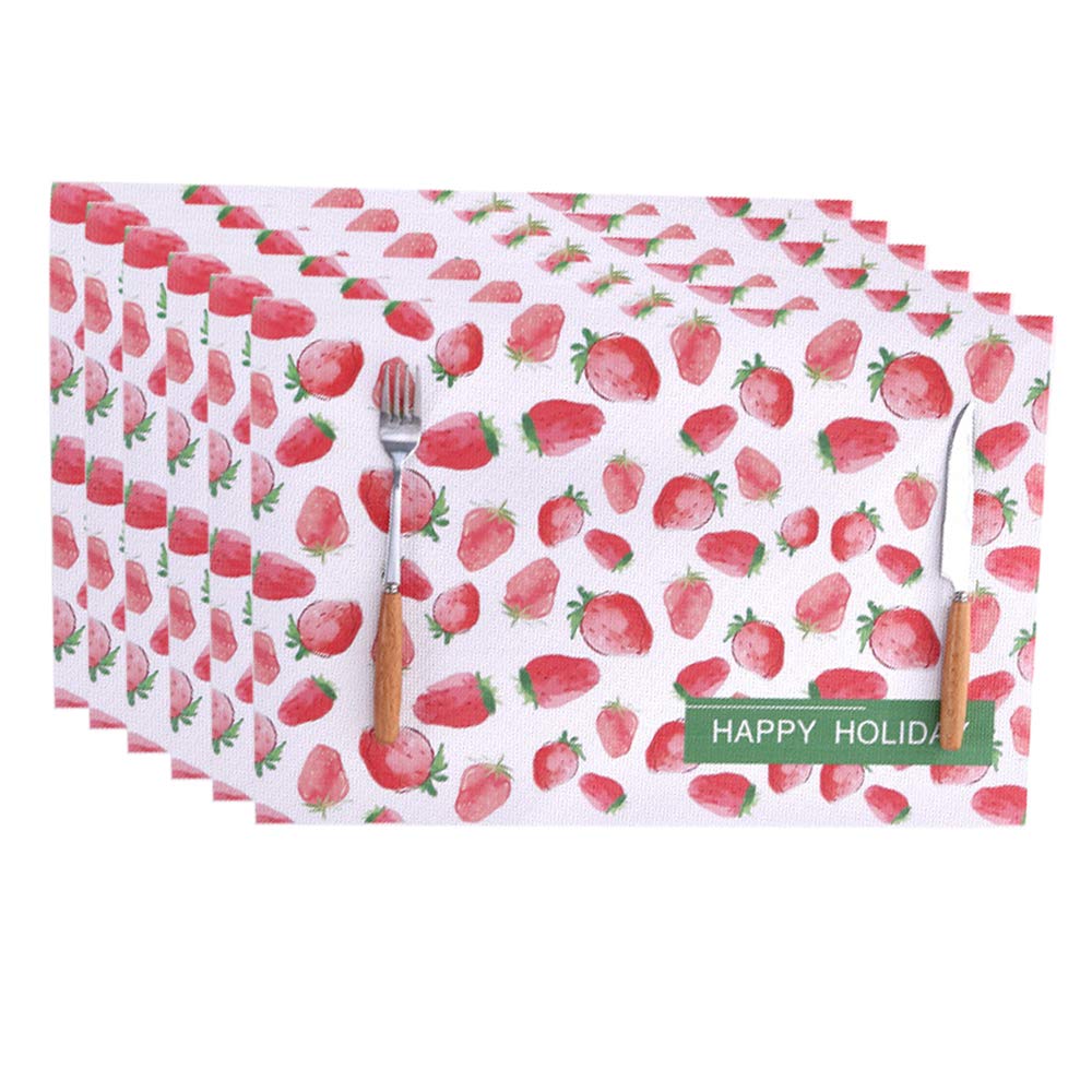 WasonD Set of 6 PVC Table Mat Decorations Linen Non-Woven Fabrics Waterproof Heat Resistant Washable Kitchen Dinner Placemats - Fruits 45x30cm Strawberry