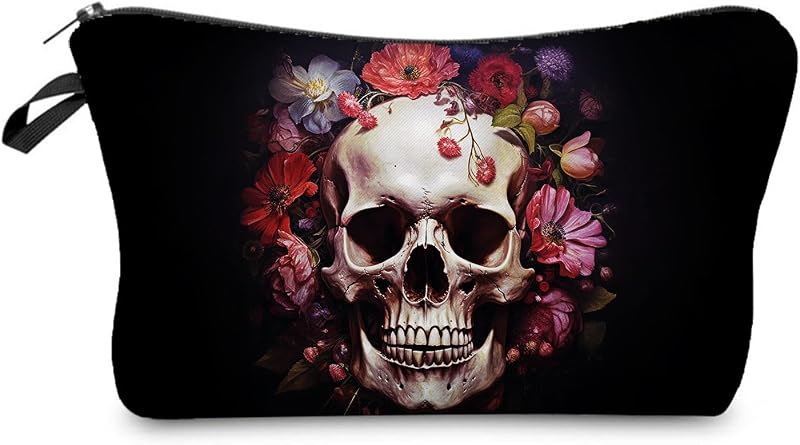 Necessaire de maquiagem Livel lhood com estampa floral gótica e caveira