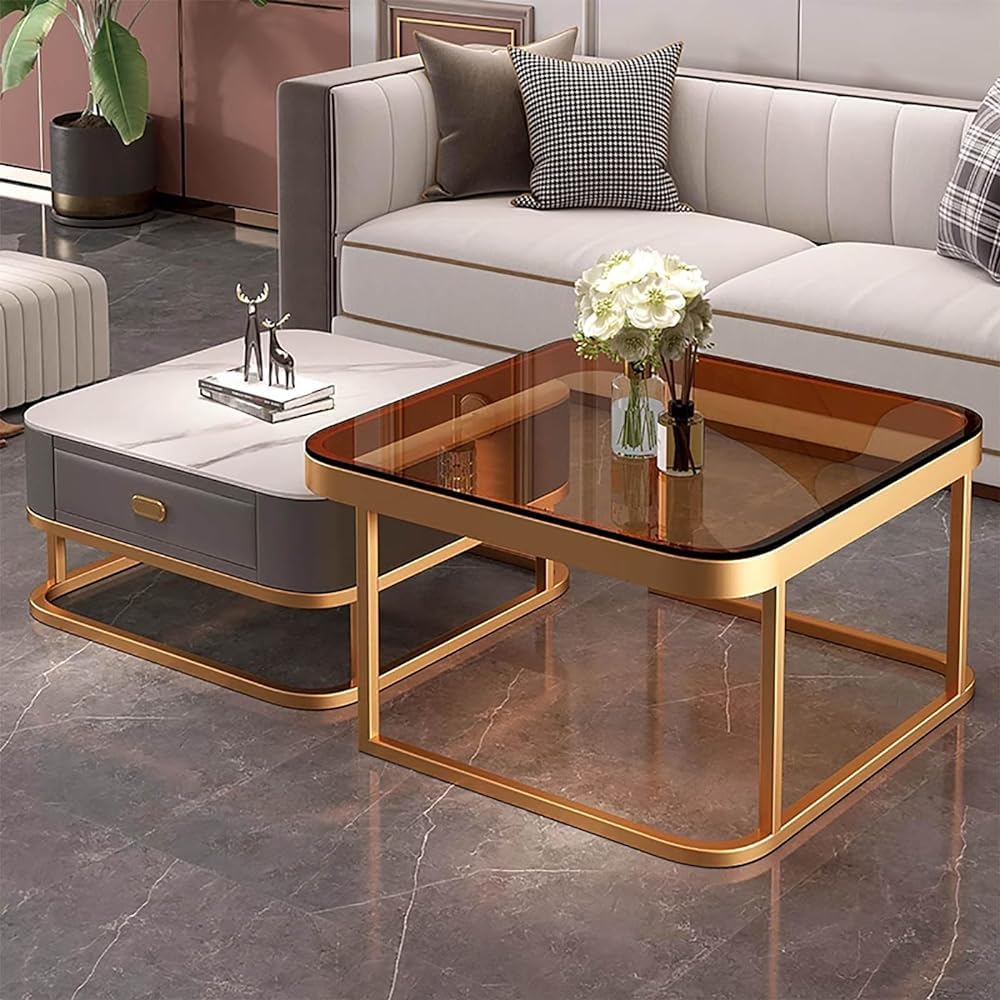 Zestaw szklanych stolików kawowych z metalową ramą, nowoczesny design do salonu, łatwy montaż do domu, biura