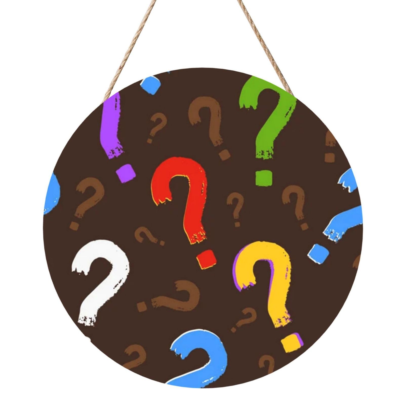 InOmak Colorful Question Mark, Round Wood Panel Painting 12 in, Wall Hanging Painting For Home