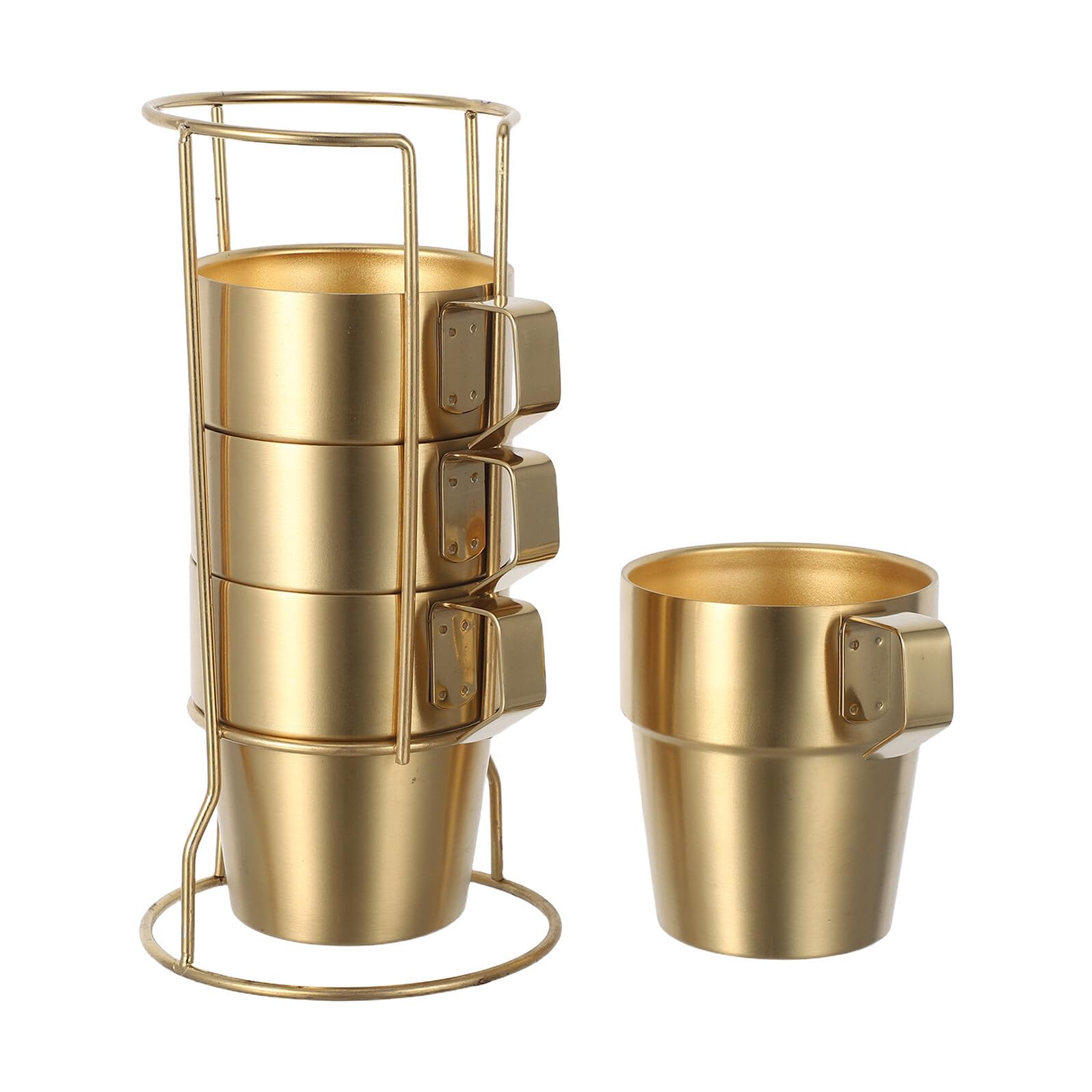 Juego de 4 Tazas Térmicas de Acero Inoxidable con Asa y Doble Pared de 300 Ml para Apilables con Soporte Dorado Aislantes y Resistentes para Café Té y Bebidas Frías Exteriores