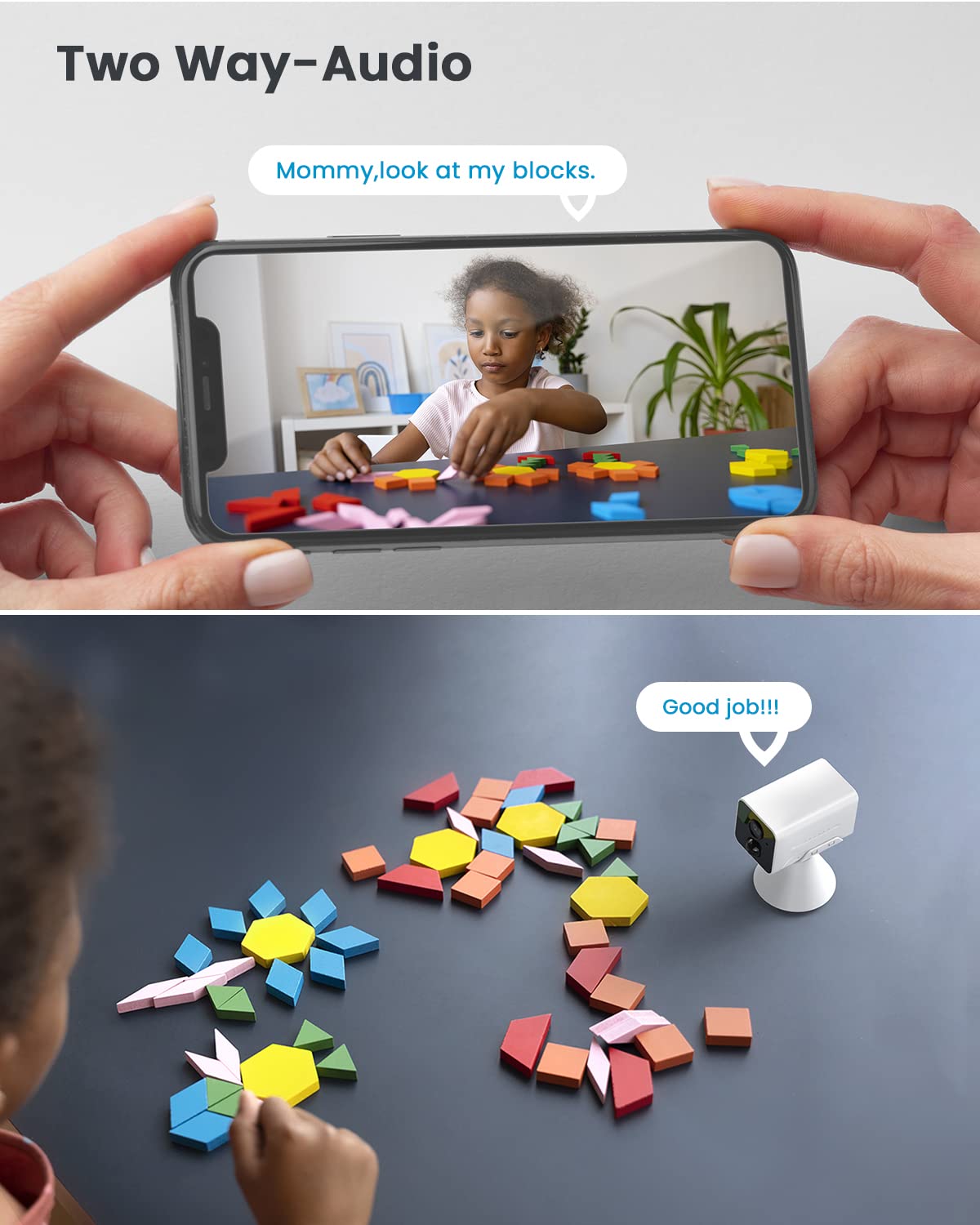 Image showing a child playing with blocks, with a phone screen displaying the live view and a speech bubble indicating two-way audio communication.