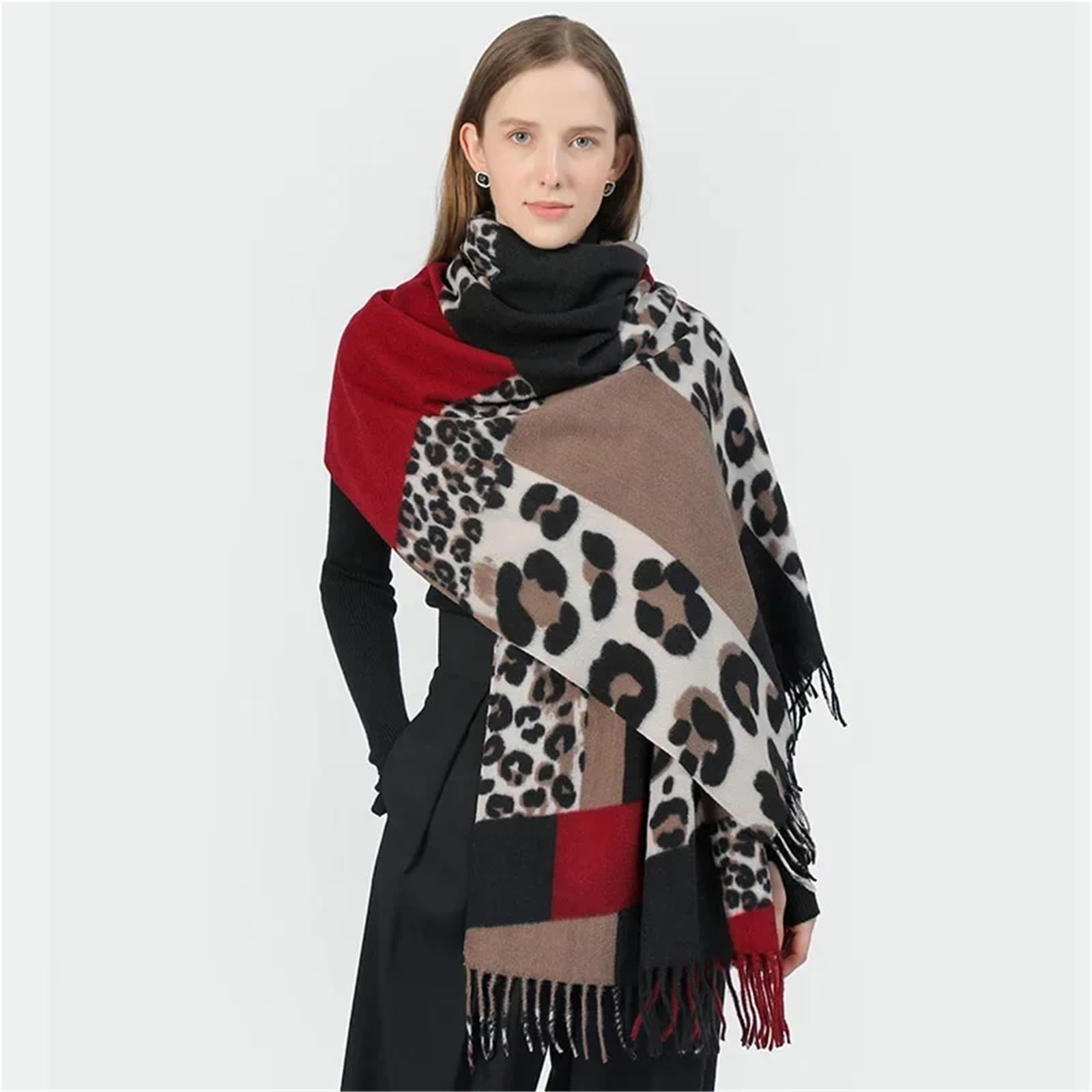 Sciarpa invernale da donna con stampa leopardata, scialle lungo addensato caldo con frange, avvolgente alla moda di lusso 70 * 200 cm(Blue)