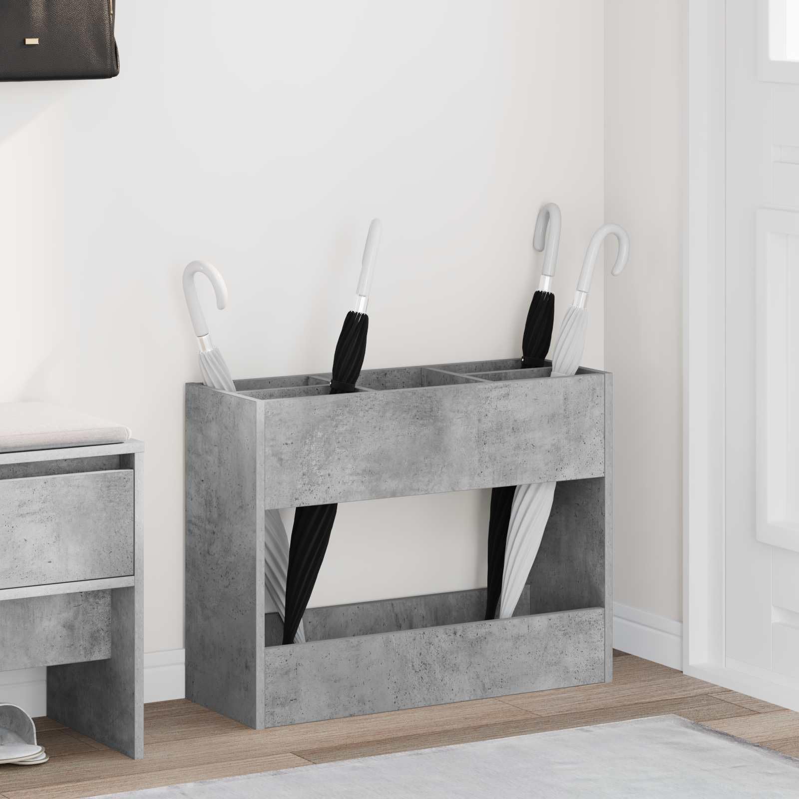 Support de parasol en béton gris et bois avec étagère de rangement gain de place