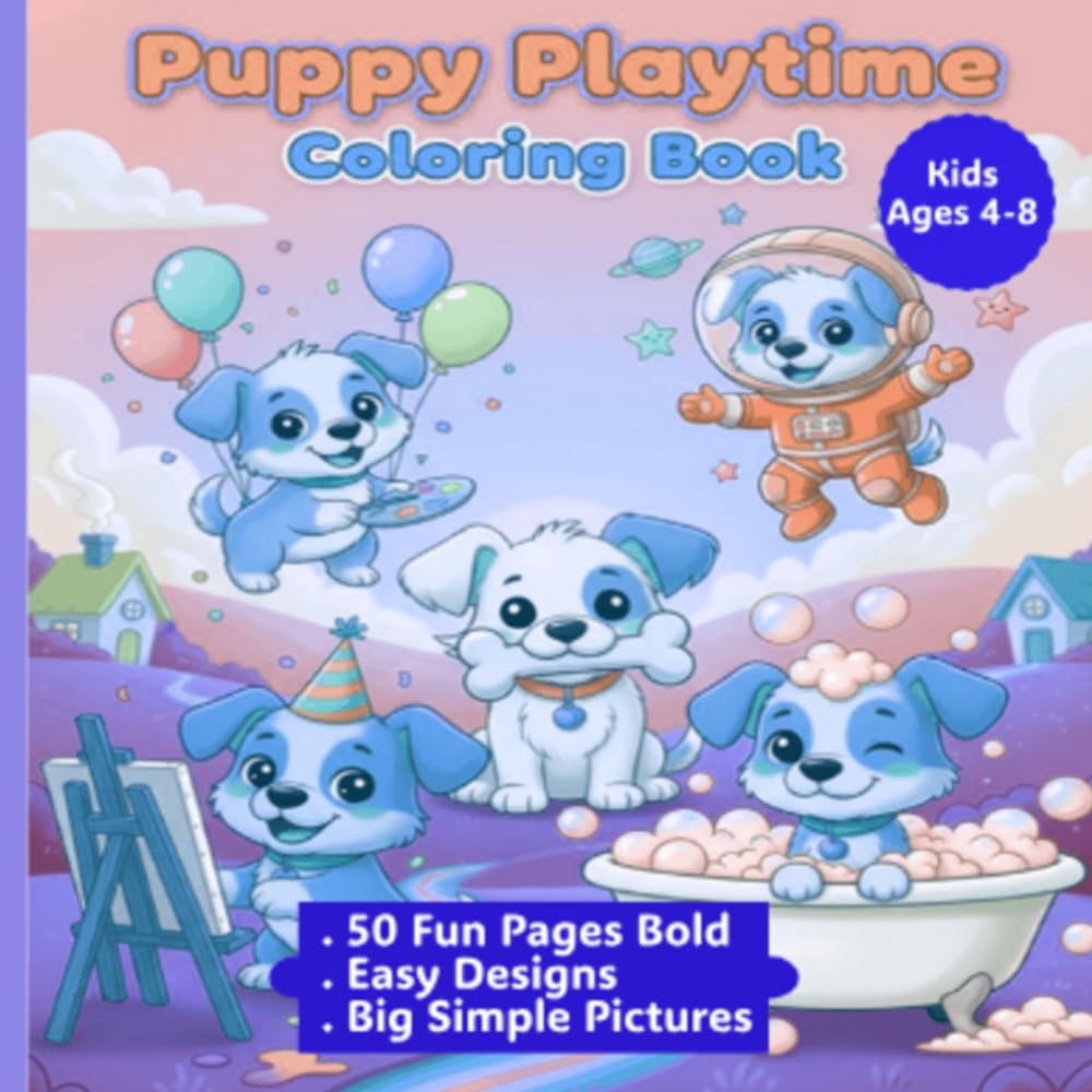 Puppy Playtime Coloring Book for Kids Ages 4 - 8: 50 Bold and Easy Coloring Pages with Fun Dogs, Cute Animals, Simple Designs and Big Pictures for Boys and Girls