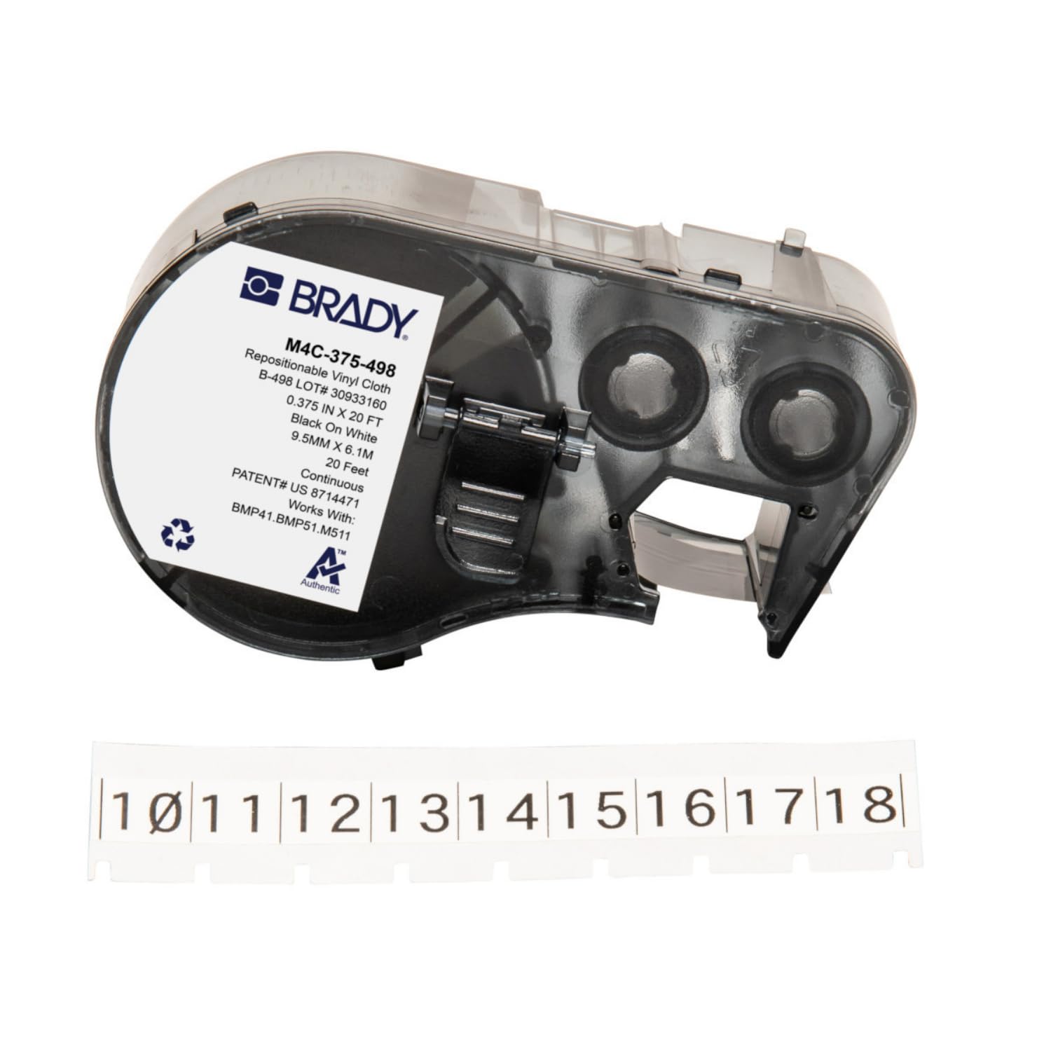 Brady M4C-375-498 Cinta de Vinilo Reposicionable - Negro sobre Blanco | Etiquetas autoadhesivas de 9.53 mm x 6.10 m para cables y terminales, compatibles con impresoras Brady M410 y M510.