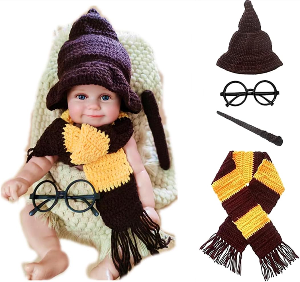 Newborn Baby Photography Props, 4 Pieces – Wizard Witch Hat, Scarf, Wand, Glasses Frame, Kids Halloween Costumes