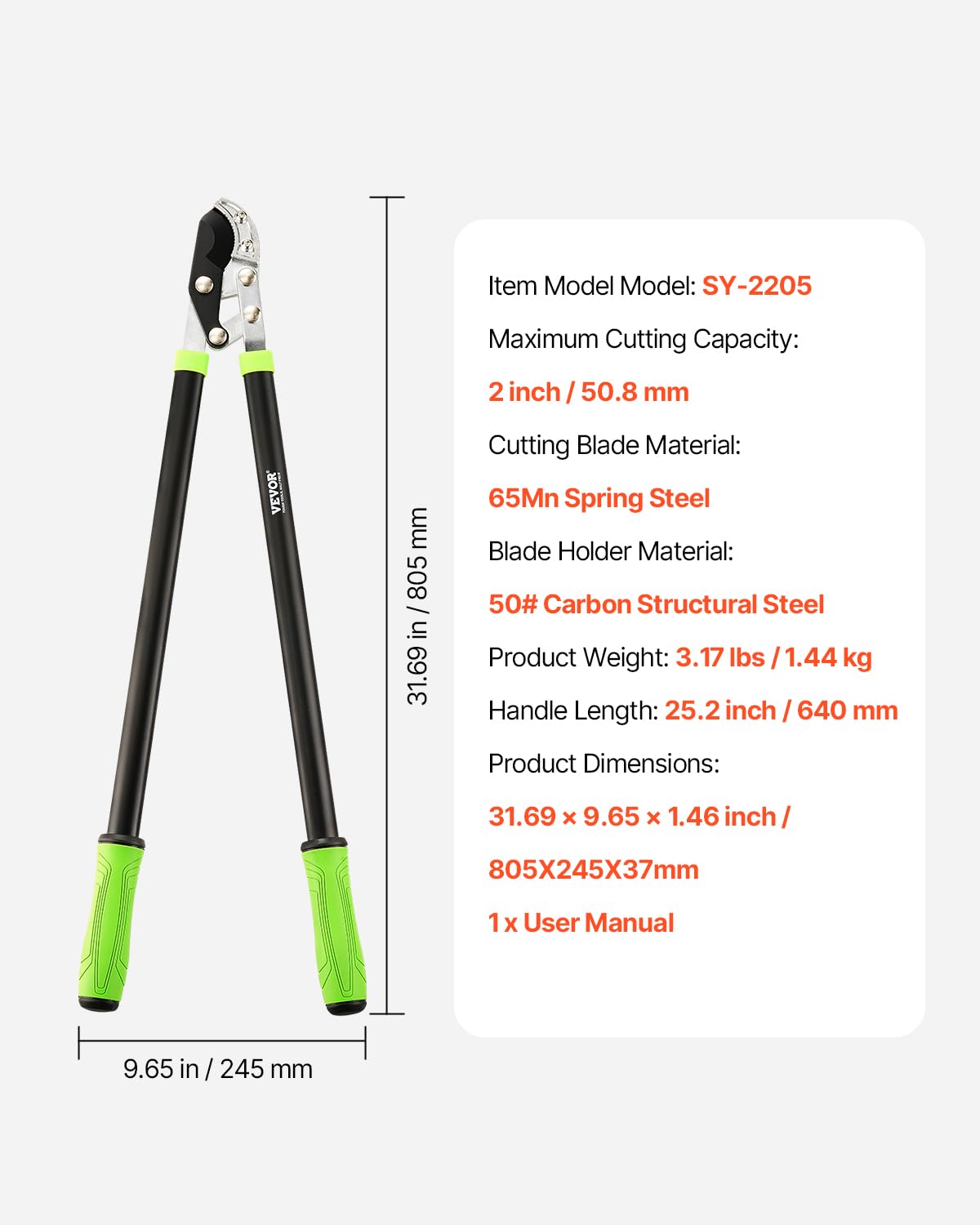 VEVOR Astschere zum Baumtrimmen, 81,3 cm Garten-Amboss-Trimmer mit Verbundwirkung, scharfe Stahlklinge, robuster Astschneider bis zu 5,1 cm Durchmesser, ergonomische Griffe
