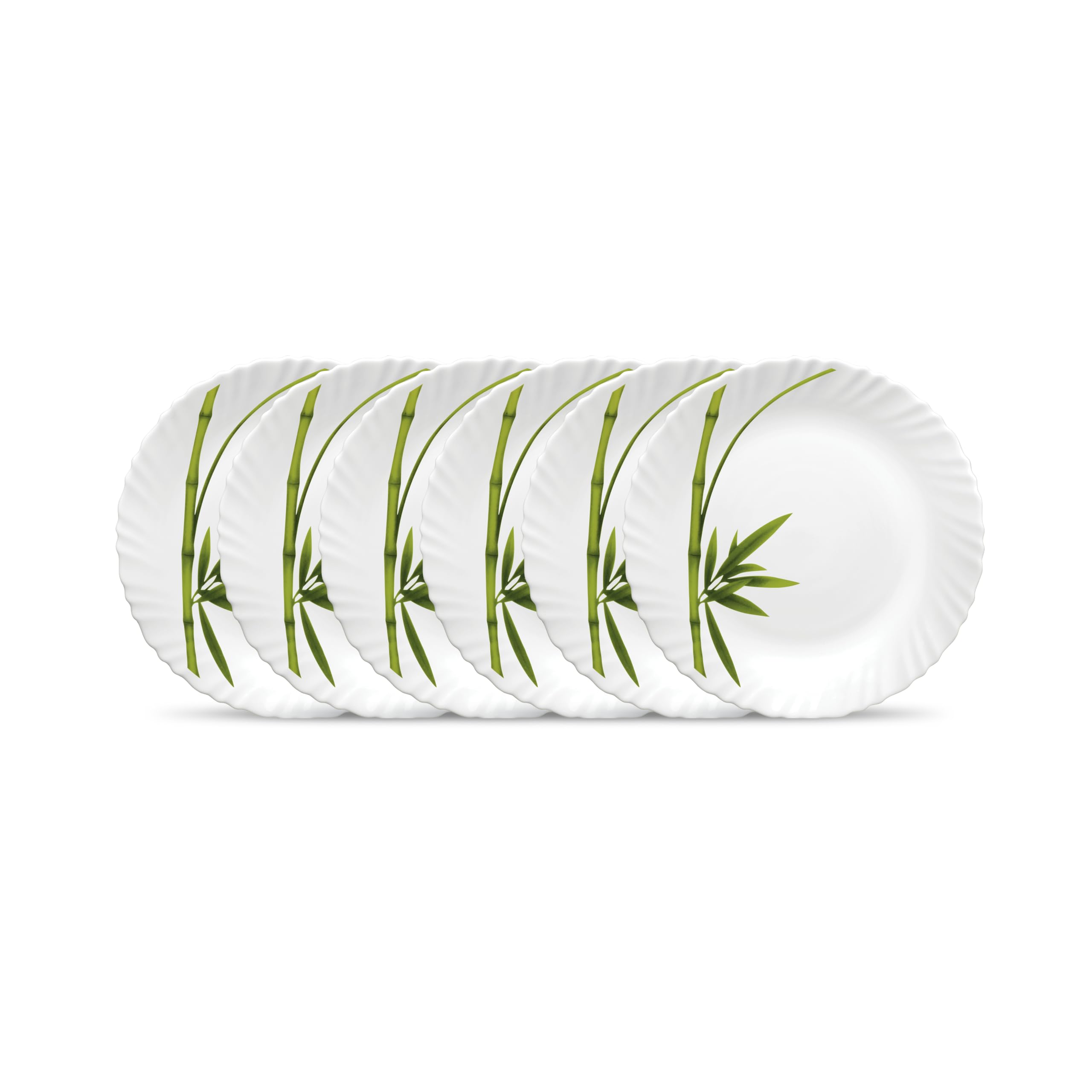 La Opala Diva Classique Collection Opal Glass Crockery | Quarter Plate Set of 6 | Fluted Green Design | for Snacking & Gifting | Microwave Safe | 100% Vegetarian | Extra Strong | Light & White