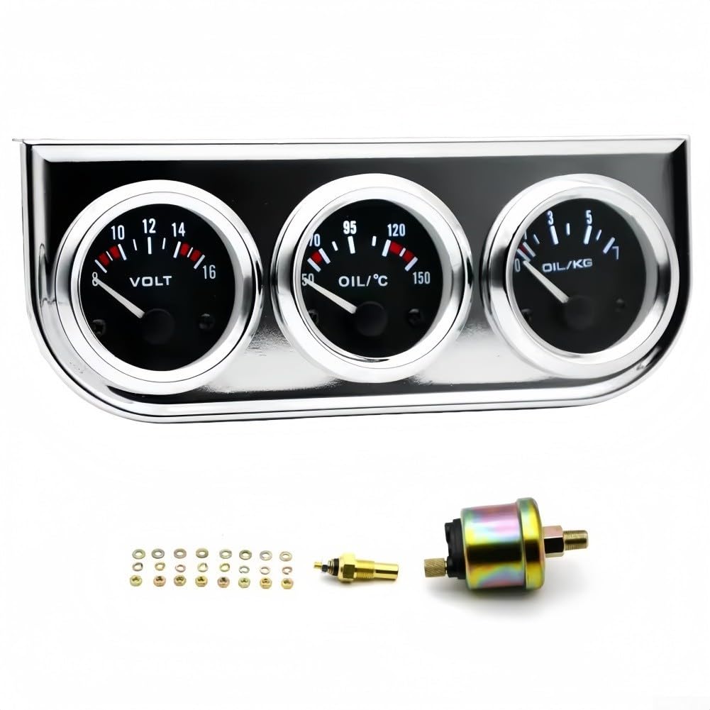 Lot de 3 jauges analogiques 12 V pour tableau de bord de voiture, contrôle de la température d'huile, de la pression et de la tension (blanc)
