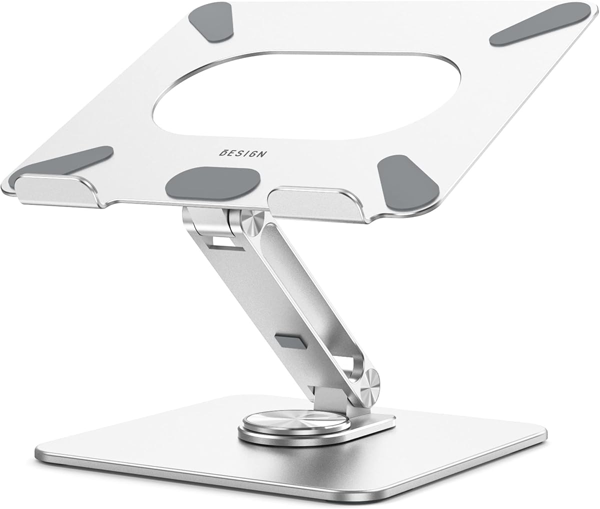 LSX7 Soporte para computadora portátil con base giratoria 360, elevador ergonómico ajustable para computadora portátil, soporte plegable para computadora compatible con computadoras portátiles de 10 a 15,6" (plateado)