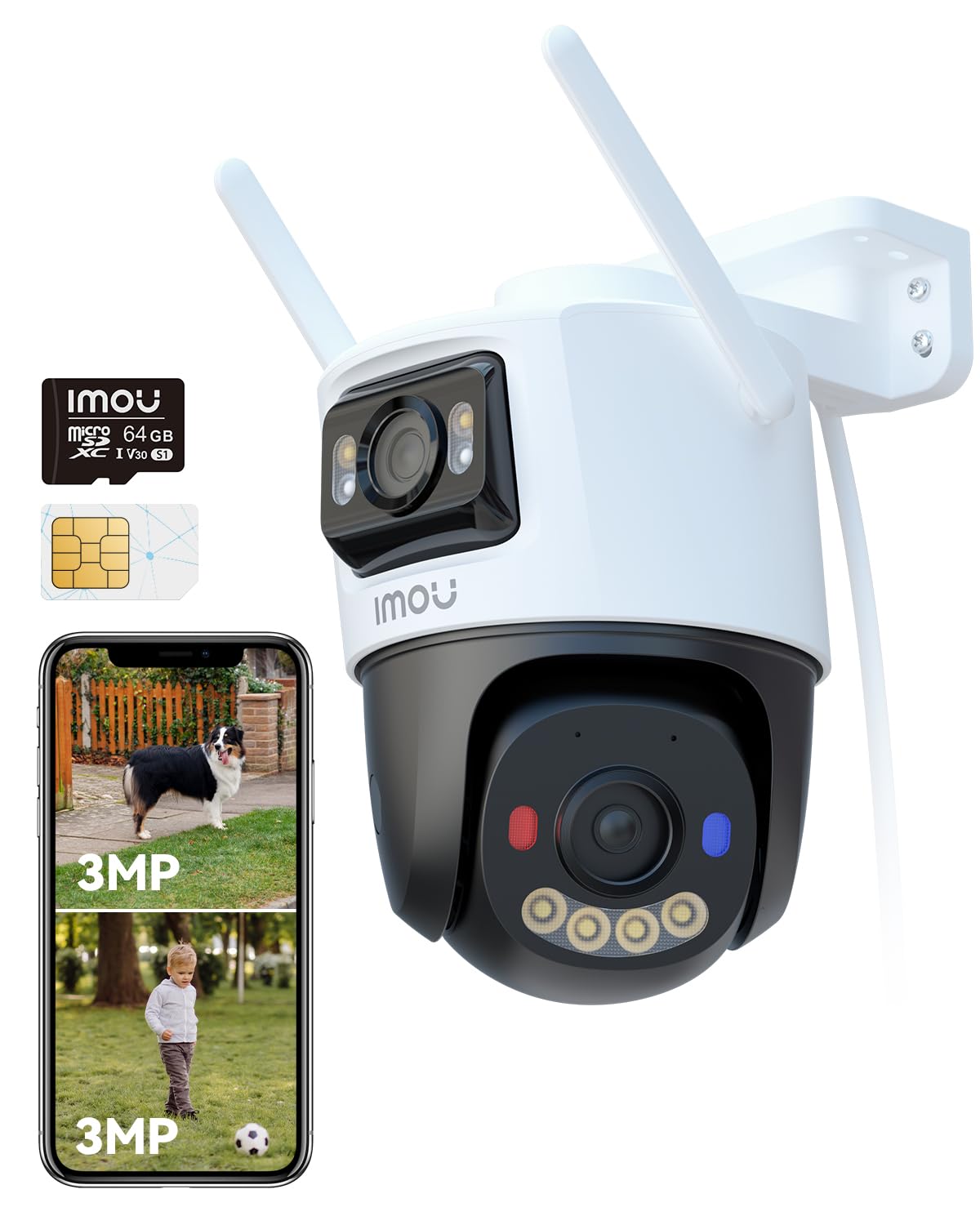 Imou 4G LTE Telecamera Esterno con Sim e 64GB Micro SD, 3K(3MP+3MP) Telecamera Senza WiFi con Doppio Obbiettivo, Visione Notturna a Colori, Rilevamento Umano/Veicoli, IP65, Crociera Automatica