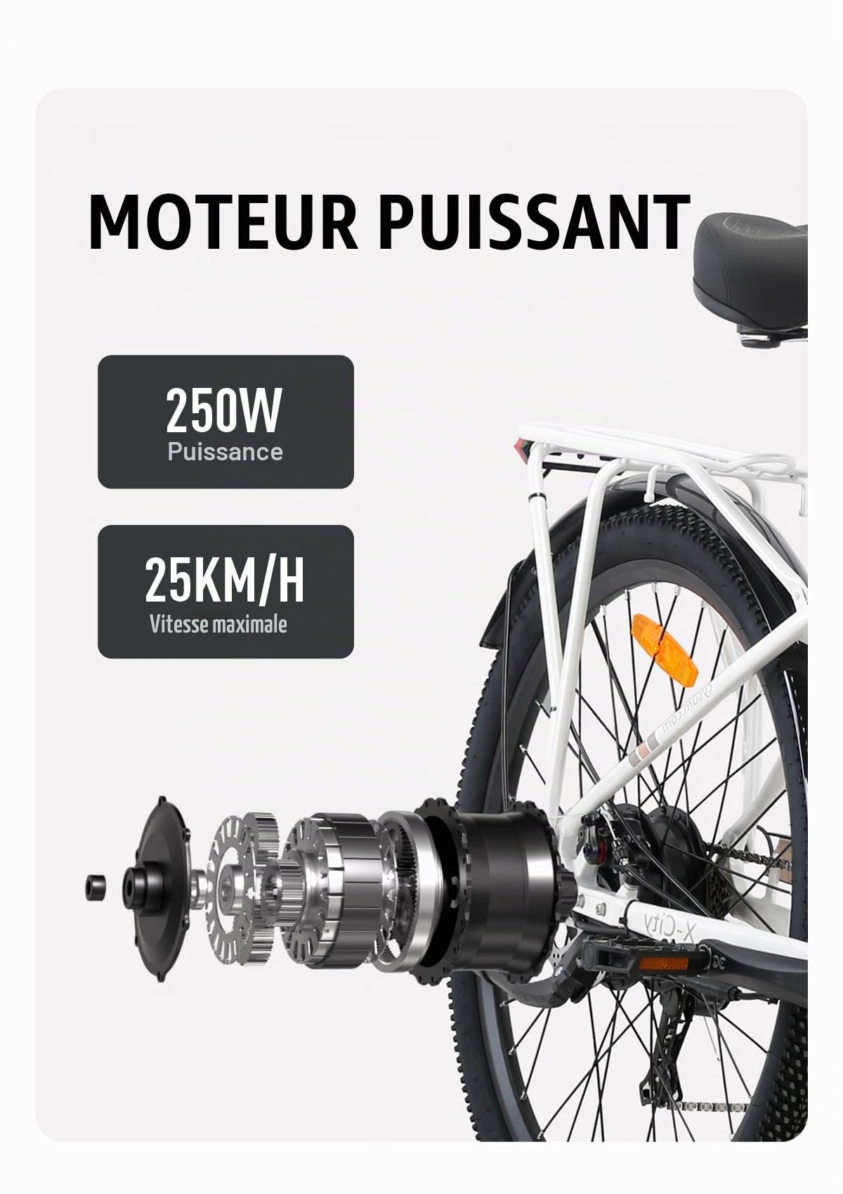 Vélo électrique unisexe pour adulte X-City de 26 pouces, dérailleur à 7 vitesses, équipé d'une batterie amovible de 48 V 10,4 Ah, vitesse maximale de 25 km/h, autonomie de 80 à 110 km
