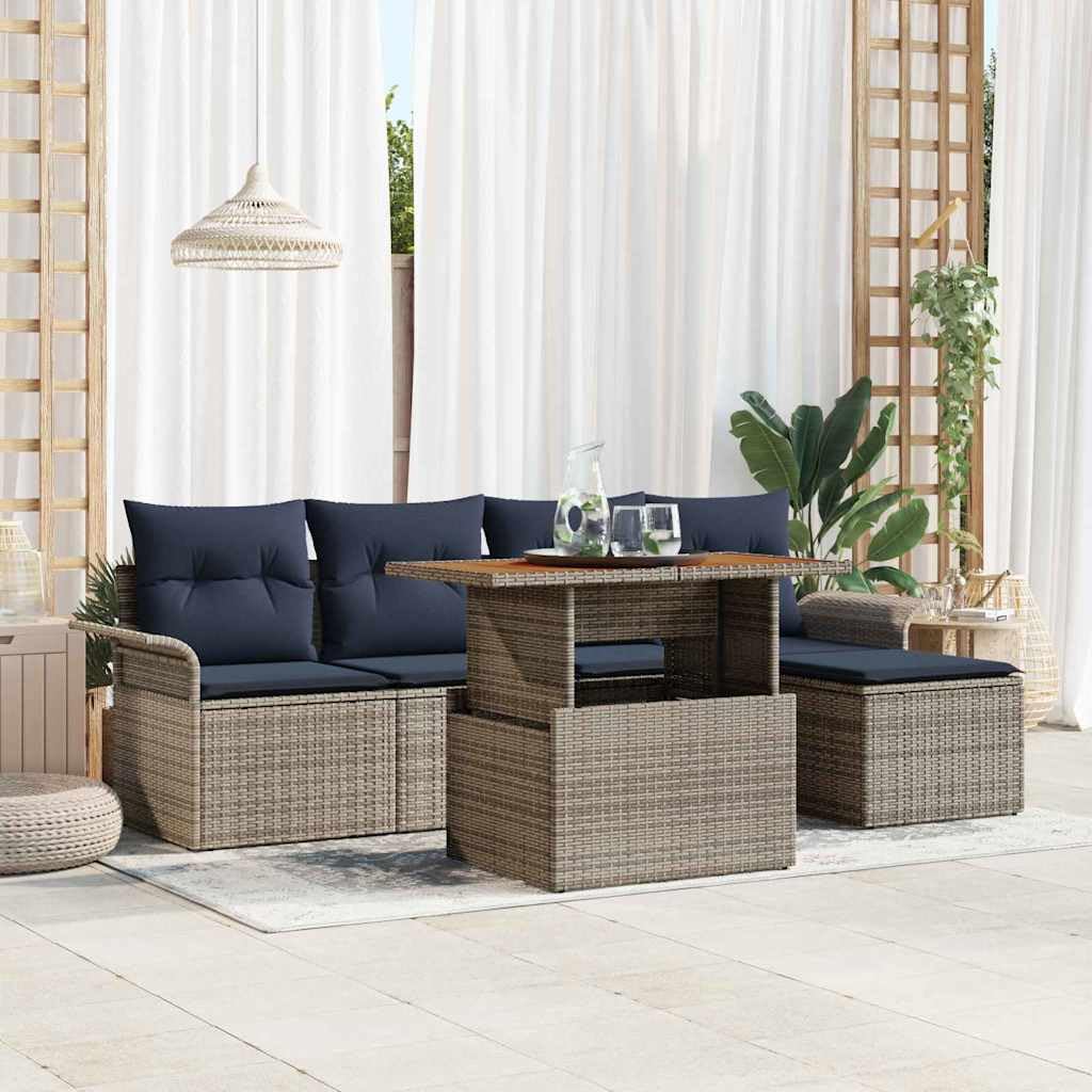 Conjunto jardín 6 Piezas sofá Modular Gris poliratán con Mesa y reposapiés Almacenamiento Resistente para terraza Patio balcón Ocio Descanso reunión