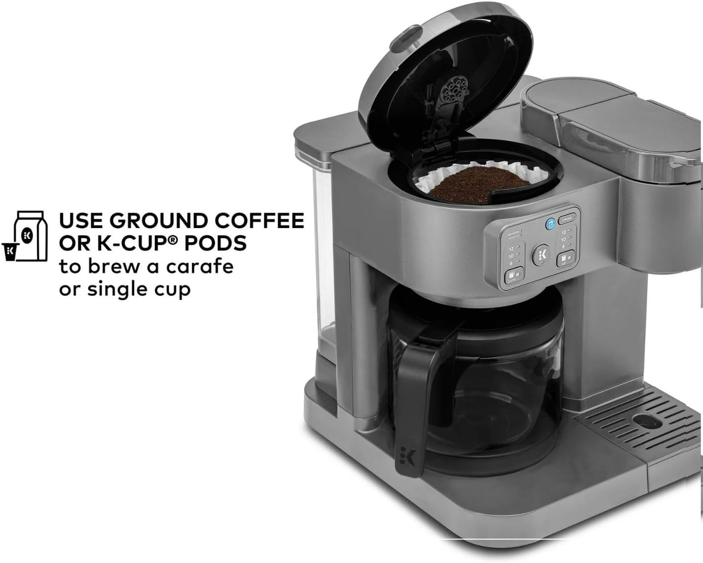 K-Duo Essentials Hot & Iced Coffee Maker Single Serve KCup Pod & 12-Cup Glass Carafe Dual Brew System 72oz Reservoir (MOONLIGHT GREY)