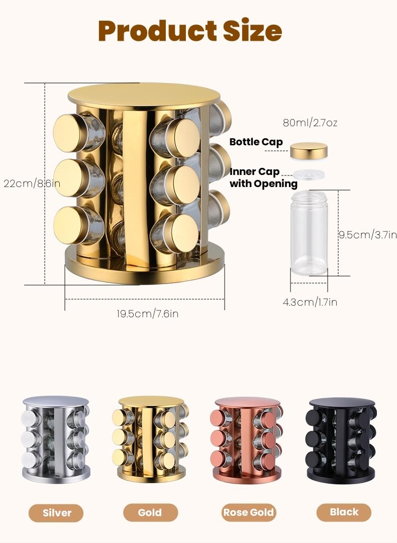 Organizador giratorio para especias de 12 tarros, acero inoxidable y sin plomo, almacenamiento eficiente en la encimera para una cocina ordenada, torre de especias negra para un fácil acceso