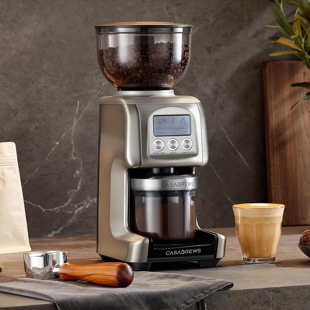CASABREWS Molinillo à Café Électrique, Broyeur à Grains avec 77 Réglages de Mouture, Écran LCD, Réglage de la Quantité et du Temps, Support Porte-Filtre, Capacidad 400g