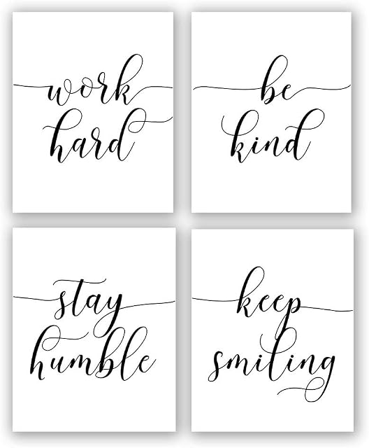 KAIRNE Inspirational Quote&Saying Art Painting, Work Hard, Be Kind, Black&Withe Art Print Set of 4 (8X10 Canvas Picture, Motivational Phrases Wall Art for Office or Living Room Home Decor, No Frame