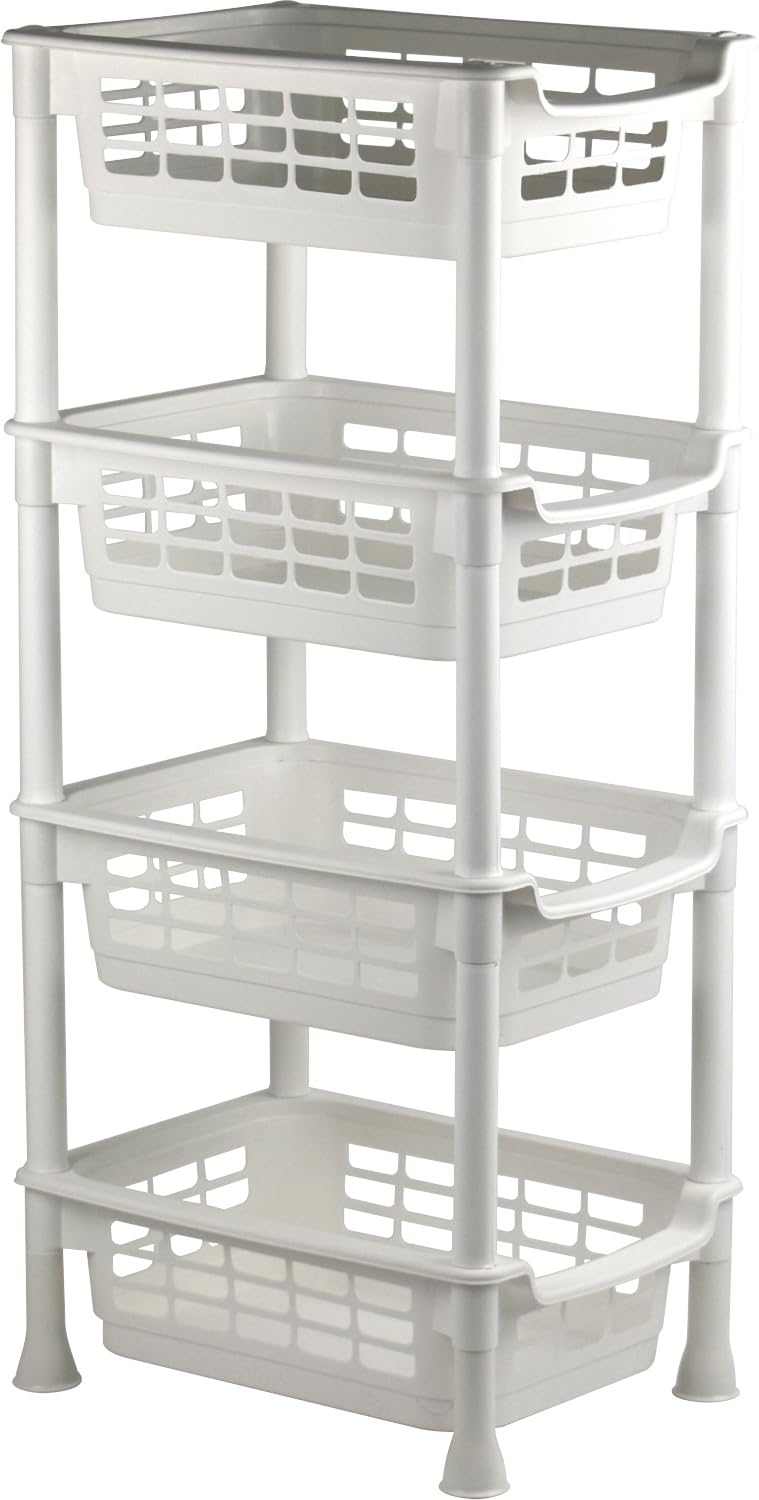 Sterling Ventures Fruits Vegetable Rack Kitchen, Pantry, Bathroom, Garage, Workplace Storage Utility Basket 3 & 4 Tier Plastic Rack Movable Organiser Household Basket (4 Tier - White)