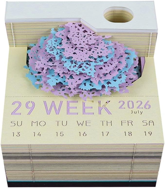 Time Piece Calendar, 2026 Desk Calendar with LED Light, 3D Tear-Away Paper Carving Art Memo Pad Notepad Gift for Christmas Housewarming Desktop Decoration(with Calendar & Light)