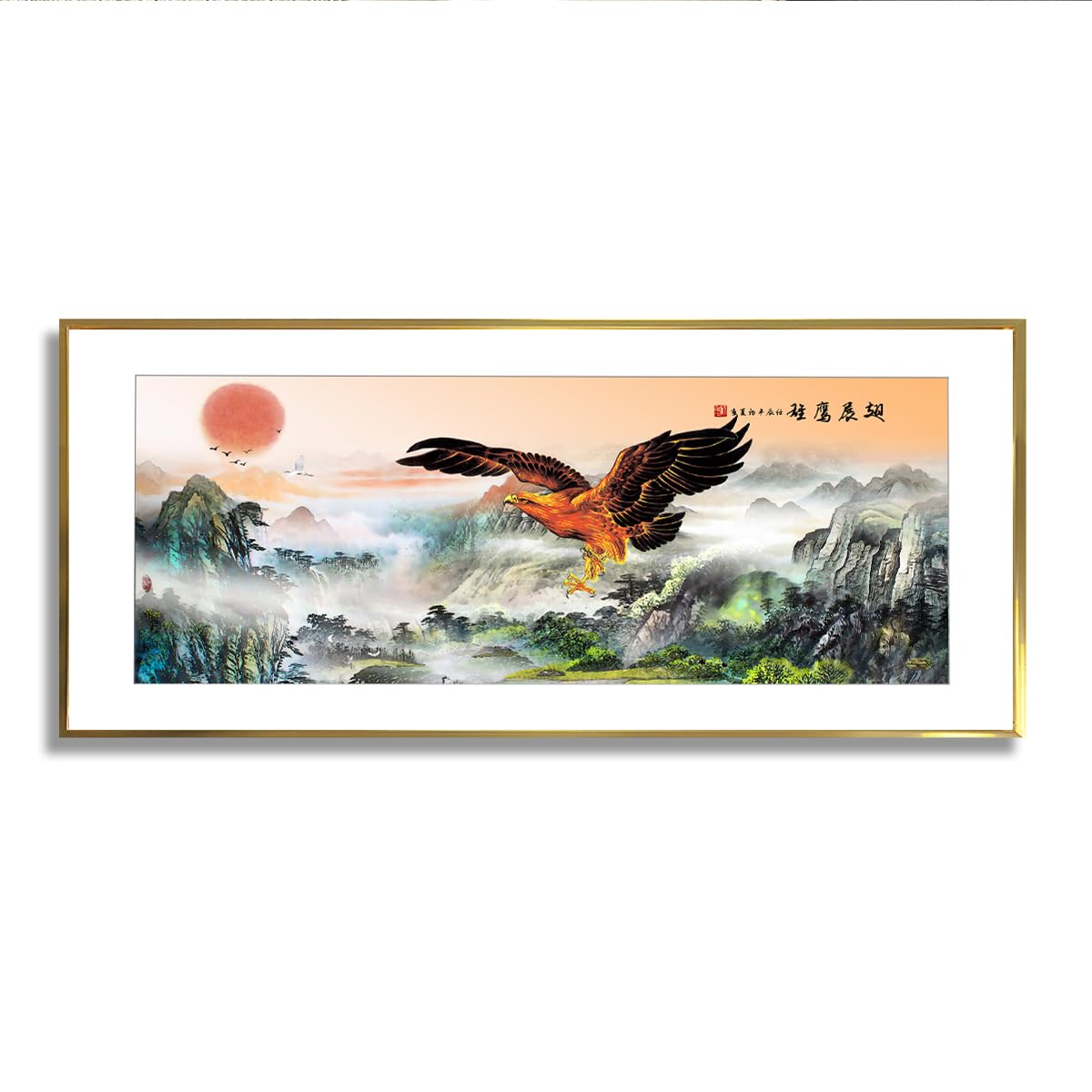 Eagle Mountain Sunrise duże płótno ścienne sztuka ścienna chiński krajobraz obraz obraz azjatycka natura malarstwo kuchnia wystrój sypialni 40 x 101 cm ze złotą ramą