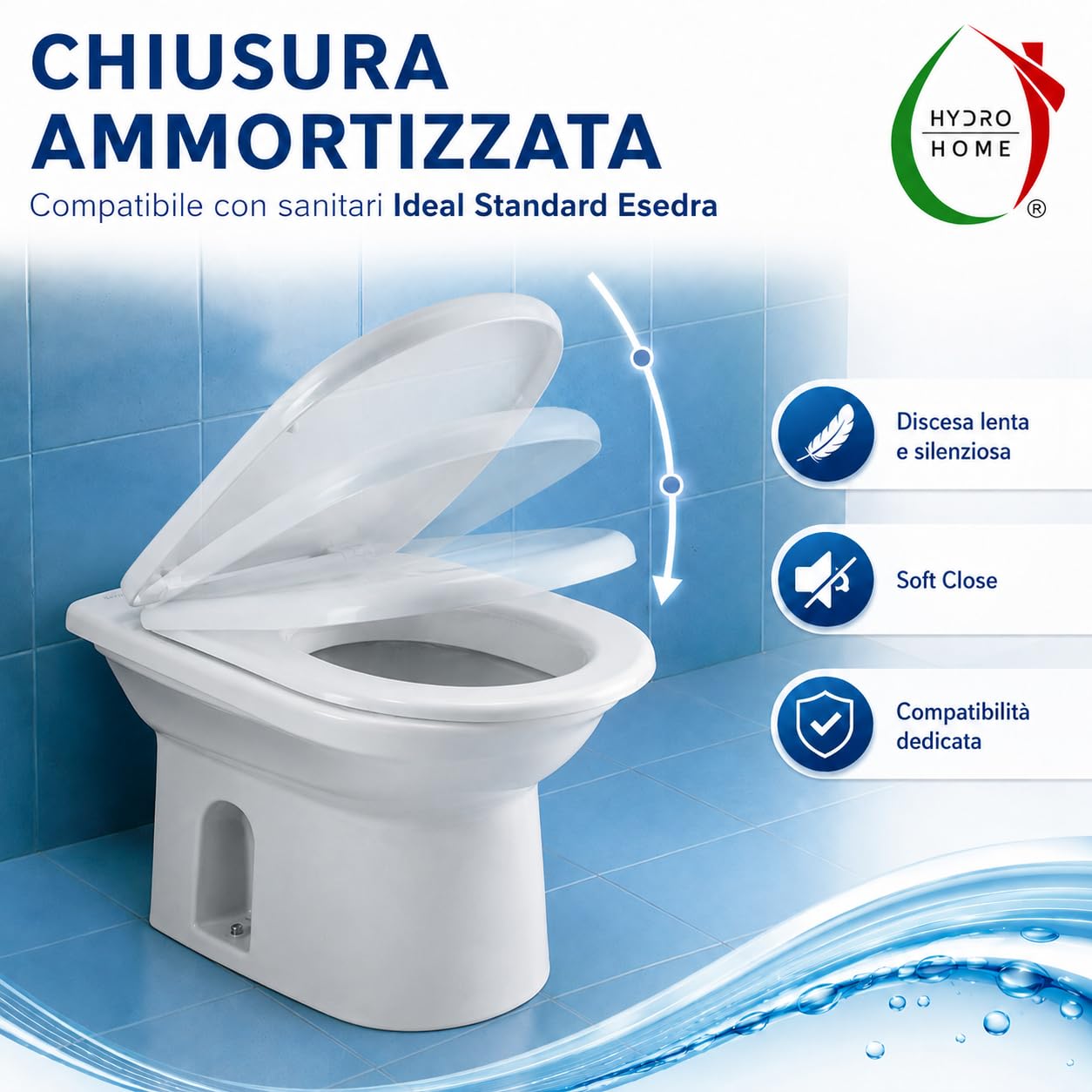 HYDRO HOME Copriwater Compatibile Esedra Ideal Standard Soft Close per Fori Ciechi, Sedile WC Termoindurente Bianco, Tavoletta Avvolgente con Cerniere Regolabili, Ricambio Bagno