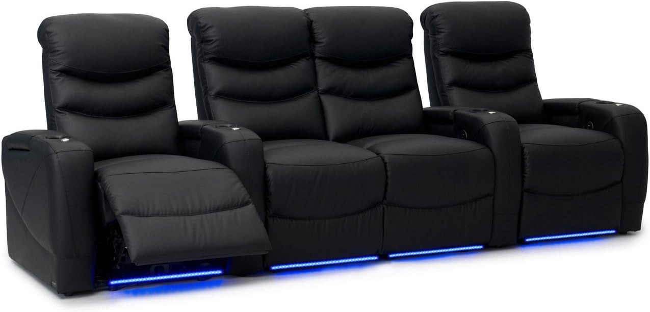 Stealth XL450 Theater Seats - Black Top Grain Leather - Power Recline - Straight Row 4 Chairs with Loveseat - Memory Foam