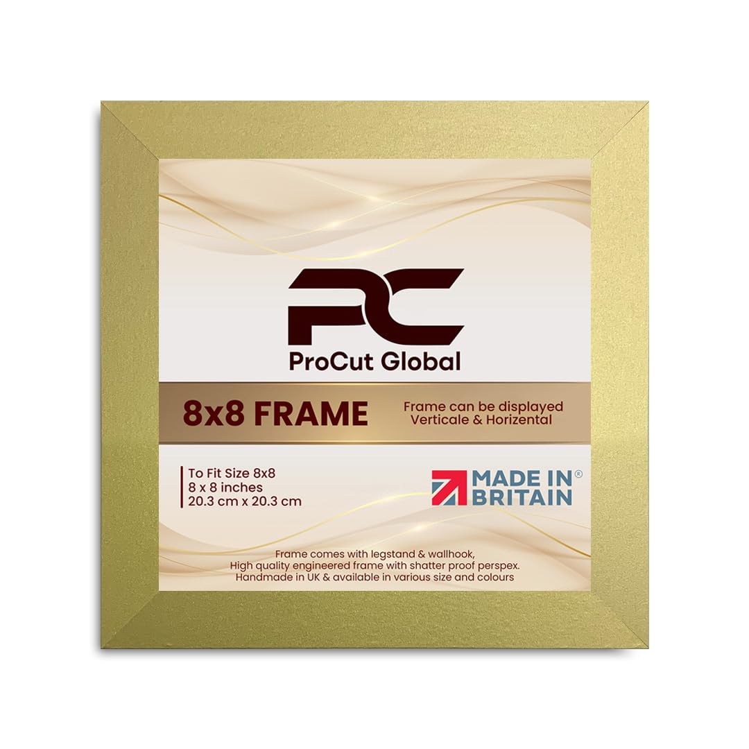 Procut Global 8X8 Gold Picture Frames - Modern Wooden Photo Frame with Shatterproof Perspex for Wall or Tabletop - Perfect for Posters, Certificates, Prints - Sizes & Colors Available