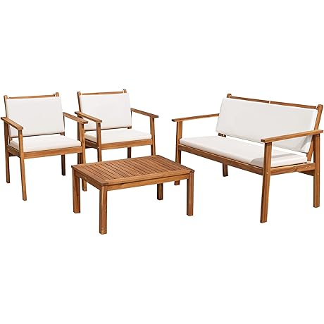 Flamaker Patio Furniture 4 Piece Outdoor Acacia Wood Patio Conversation Sofa Set...