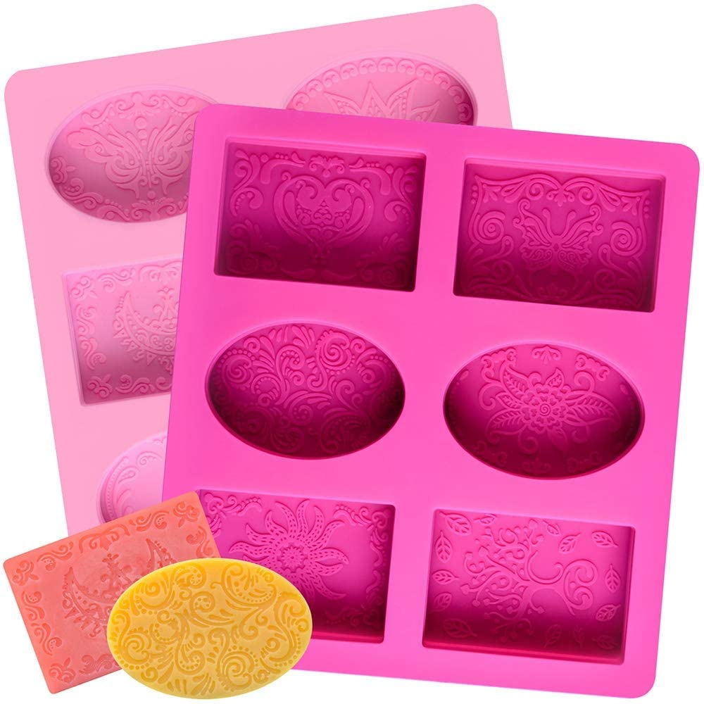 Yuniverse 2Pcs Silicone Soap Molds, 12 Patterns Rectangle & Oval Silicone Molds for Soap Making, Cake Baking Molds - 8.66 x 7.87 x 0.98 inch