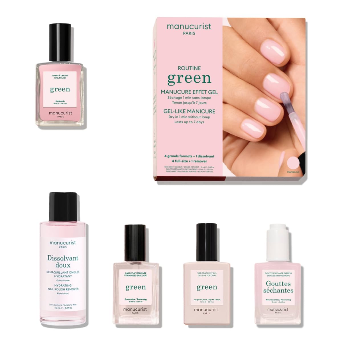 Manucurist Green™ Rose Routin (Hortencia) - Profesjonalny zestaw do manicure'u wegańskiego: 1 odtłuszczacz, 1 lakier do paznokci Hortencia, 1 lakier do paznokci, suche