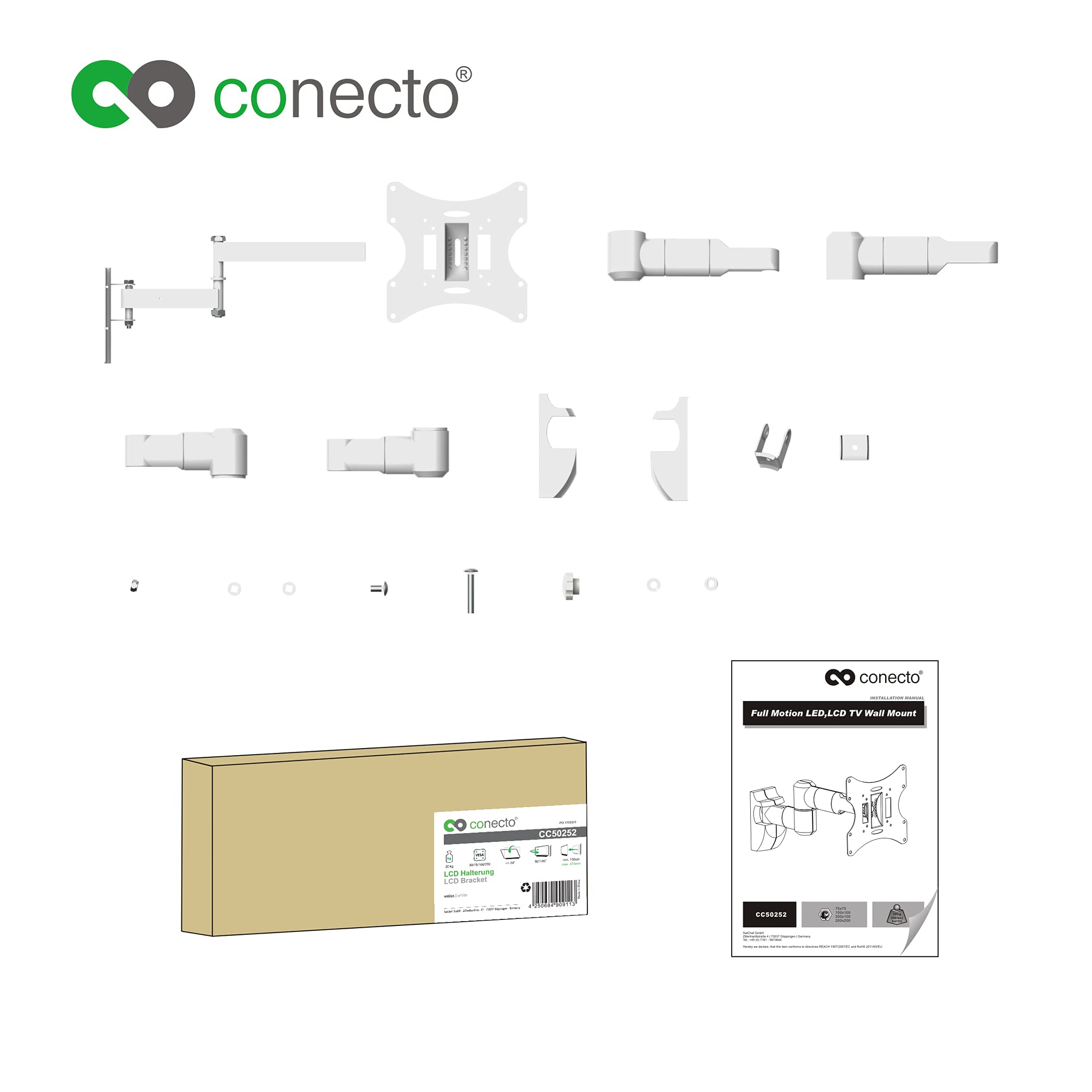 conecto supporto a parete per monitor e televisori fino a 42 pollici, girevole (+/-90°), inclinabile (+/-20°), VESA 50x50, 75x75, 100x100, 200x100, 200x200, portata massima 30,0 kg, bianco