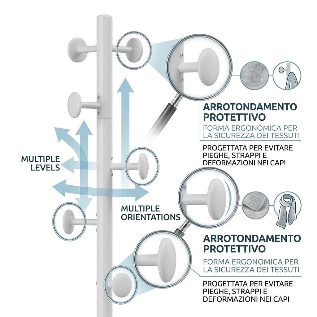 MAKA Appendiabiti da Terra Jerry Bianco in Metallo Alto 173 cm, Attaccapanni Piantana Moderno Minimalista con Base Circolare da 37 cm e Ganci su Più Livelli per Giacche Cappotti Borse, 37x37x173 cm