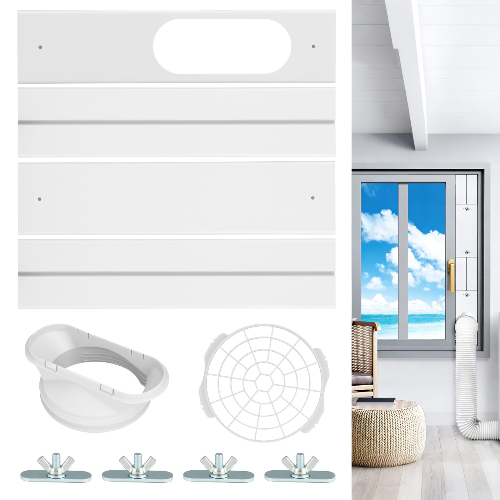 Kit de Plaque Fenêtre Climatiseur Mobile, 4 Plaques d'Étanchéité Fenêtre Télescopiques pour Climatiseur Portable, Calfeutrage Coulissante avec Adaptateur de Tuyau, Kit de Fenêtre pour Climatiseur
