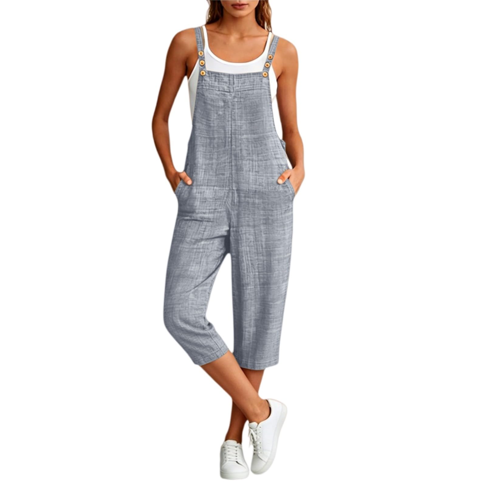 Salopette estive da donna a 3/4, pantaloni da lavoro a gamba larga, con tasche | Tuta casual ampia con bretelle regolabili, tinta unita, senza maniche, per lavoro e tempo libero