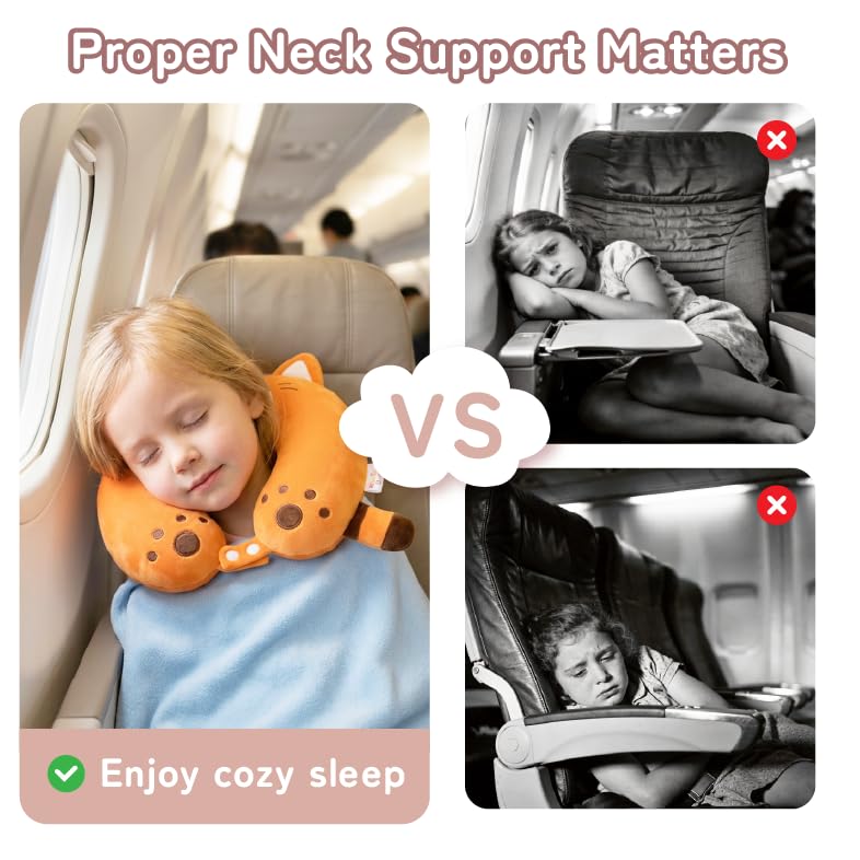 Image of Kids Travel Neck Pillow for Ages 3-8 with Memory Foam, Red Panda | Removable cover, 13 in neck size, machine washable, hidden zipper, head and chin support, car seat and airplane use